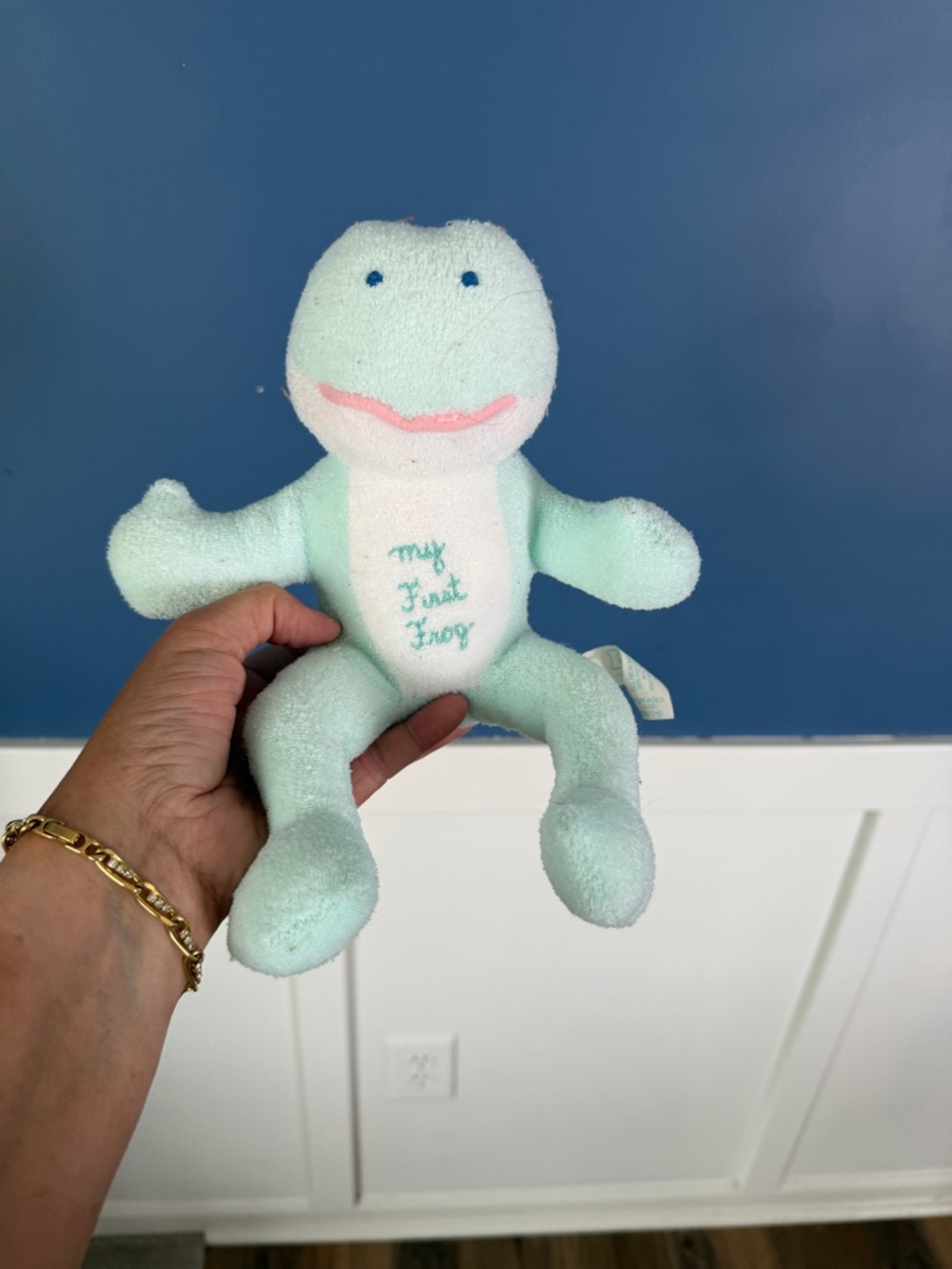 Bantam Green White Terry Cloth My First Frog Plush Rattle Baby Toy Vintage